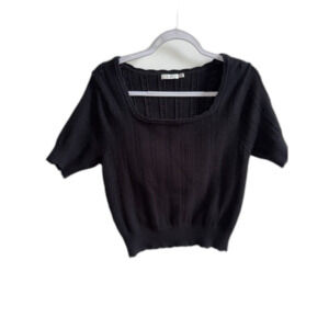Lush Black Square Neck Short Sleeve Pointelle Knit Sweater - Size Small
